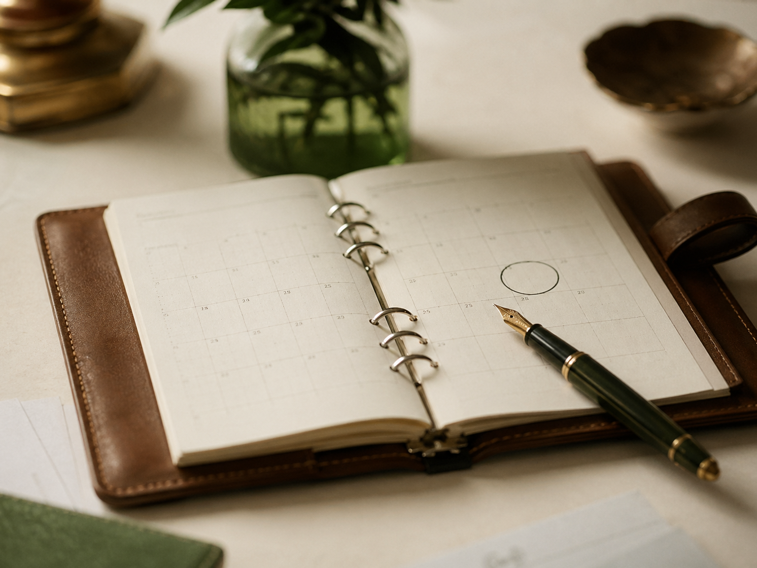 An open leather appointment book with a single date circled in deep ink, fountain pen resting beside it