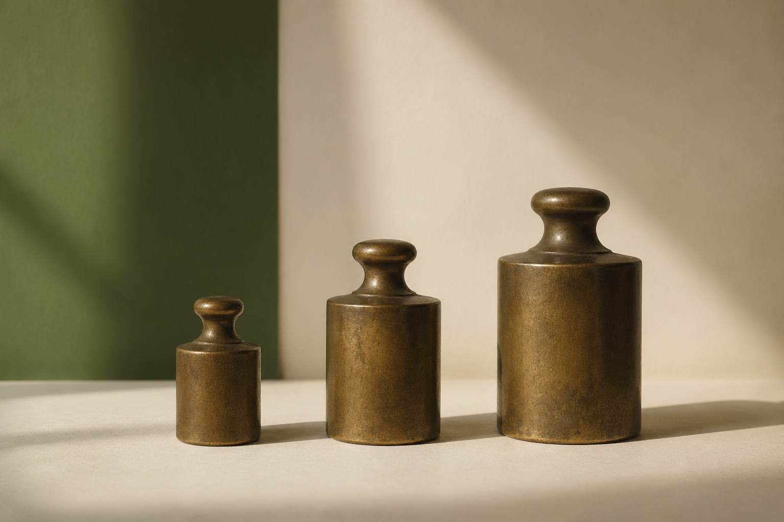 Three antique brass scale weights of increasing size, evoking the tiered deliverability framework