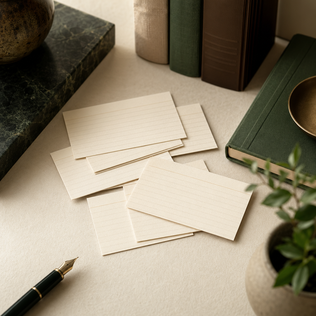 A small fan of cream index cards arranged on a paper-cream desk