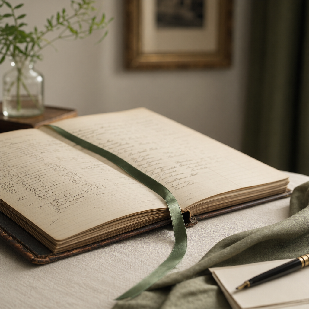 A leather-bound archival ledger lying open with a sage silk ribbon bookmark