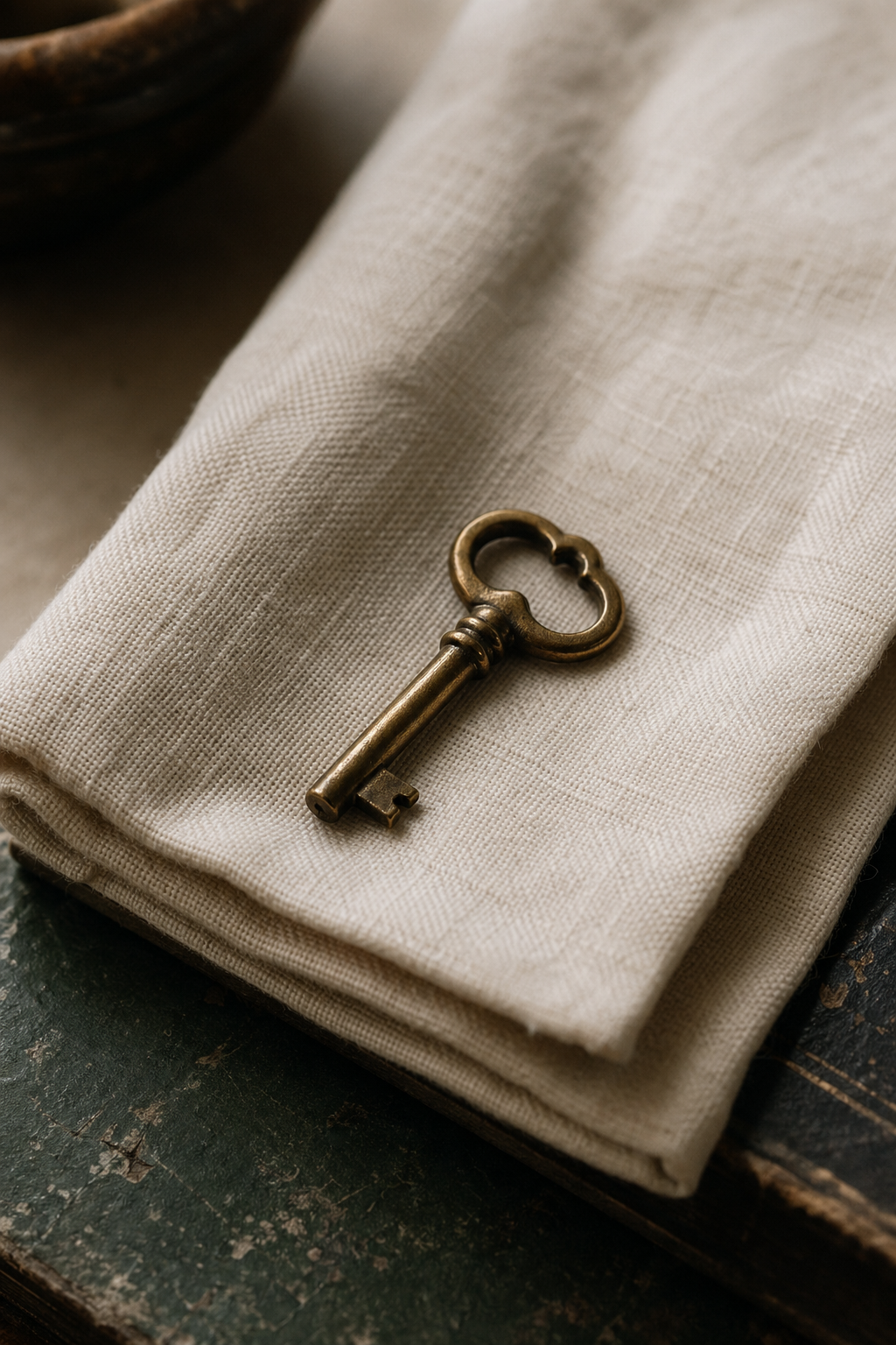 A single antique brass key resting on cream linen