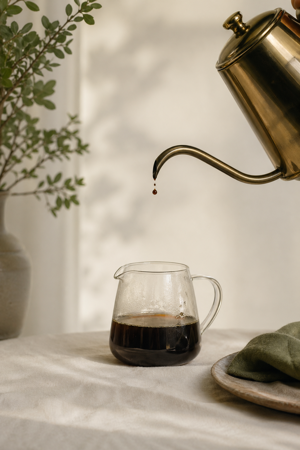 A brass gooseneck pour-over kettle suspended above a glass server, a single dark coffee droplet caught mid-fall.