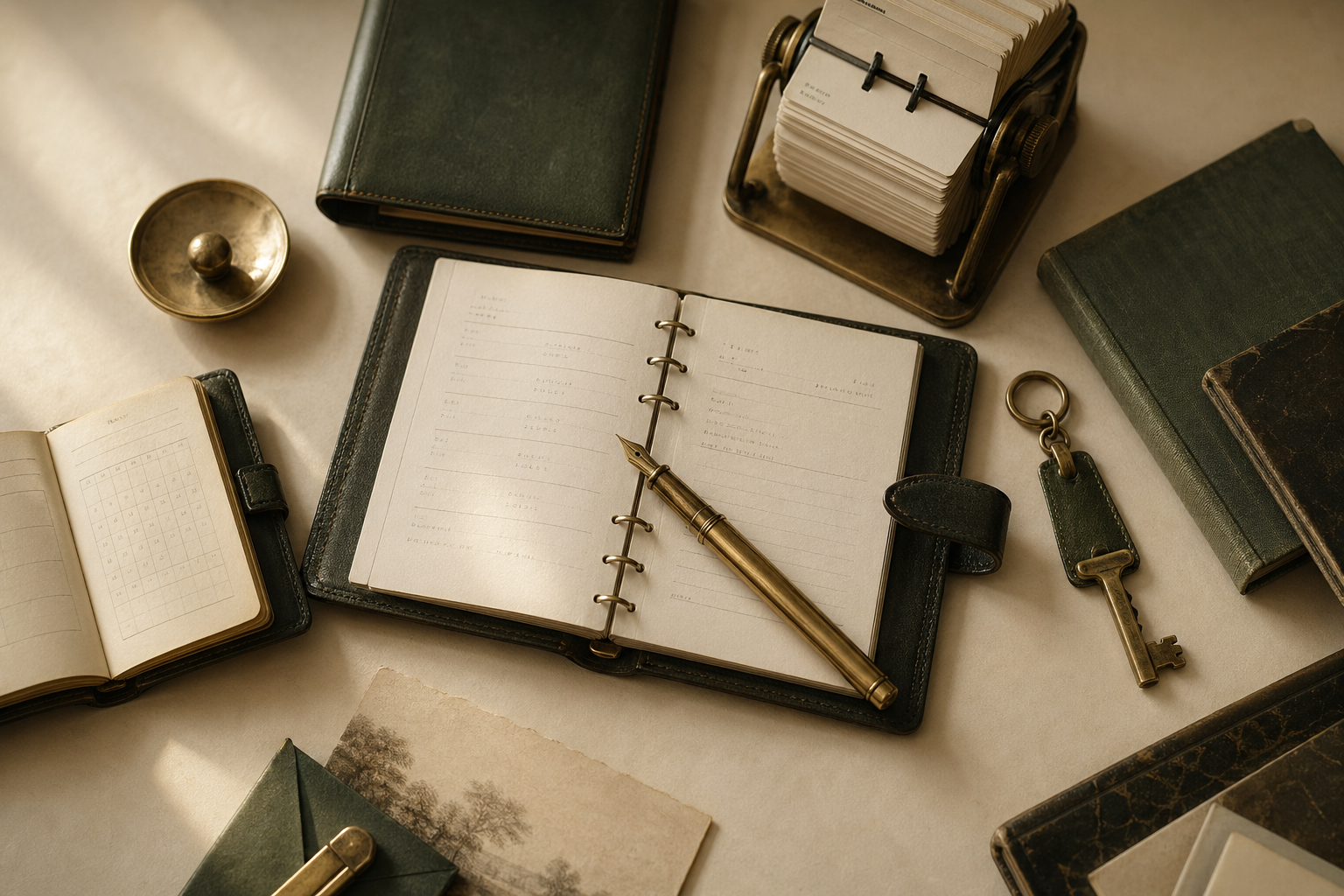 An overhead arrangement of tools-of-the-trade on warm cream paper: a leather appointment book, a brass fountain pen, a rolodex, a brass key, and a pocket calendar