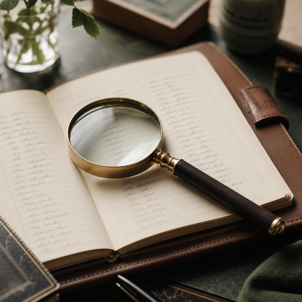 A magnifying glass over a leather contact book — the curated approach, looking closely at fewer people.