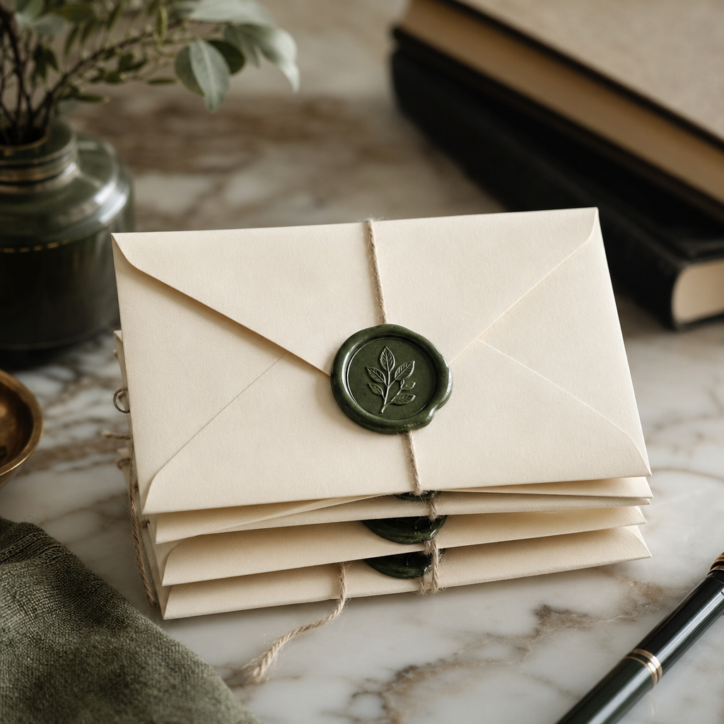 A sage-green wax seal pressed onto a stack of cream envelopes — the visual idiom for tamper-evident archive.