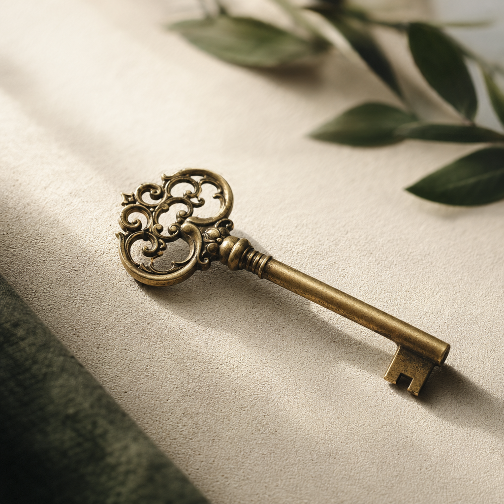A single antique brass key resting at a slight diagonal on a cream paper surface.