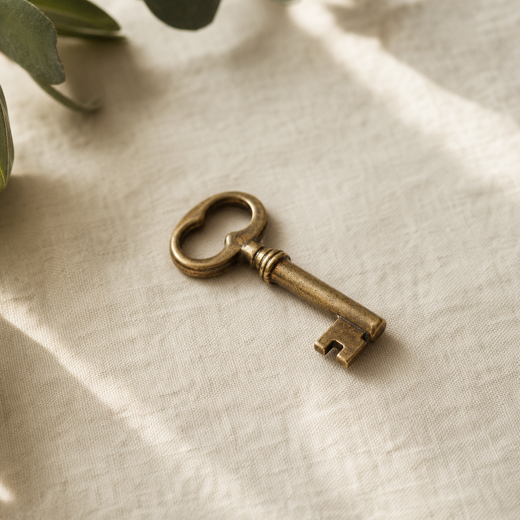 A small brass key resting at an angle on a cream linen surface in soft window light.