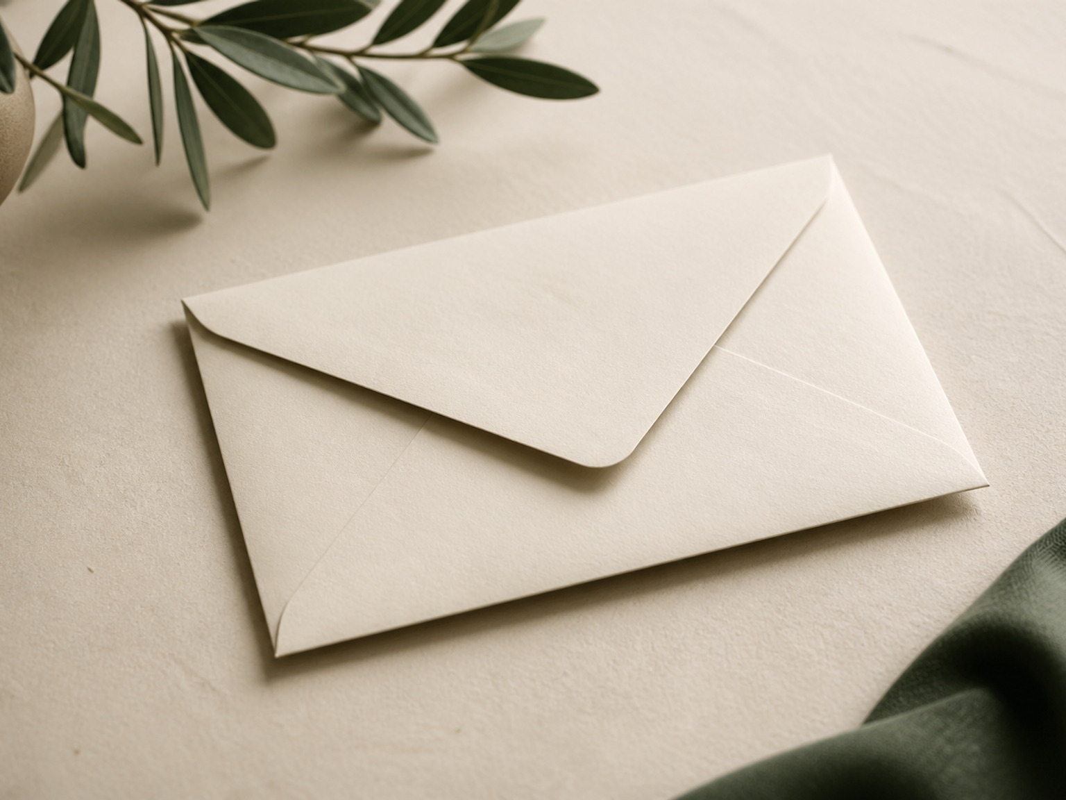 A sealed cream envelope on a paper writing surface.